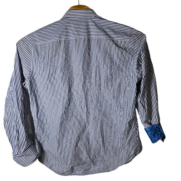 Robert Graham‎ Flip Cuff Dress Shirt Large Men's Long Sleeve Blue White Striped - Picture 3 of 8